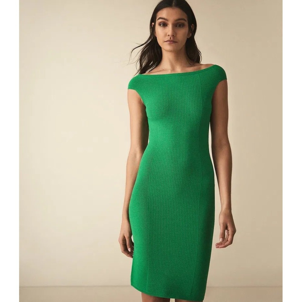 NWT Reiss Pippa Textured Knit Bodycon Dress Green Off The Shoulder Midi M